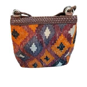 Vintage 80s 90s L J Simone Woven Kilim Shoulder Crossbody Bag Brown Orange